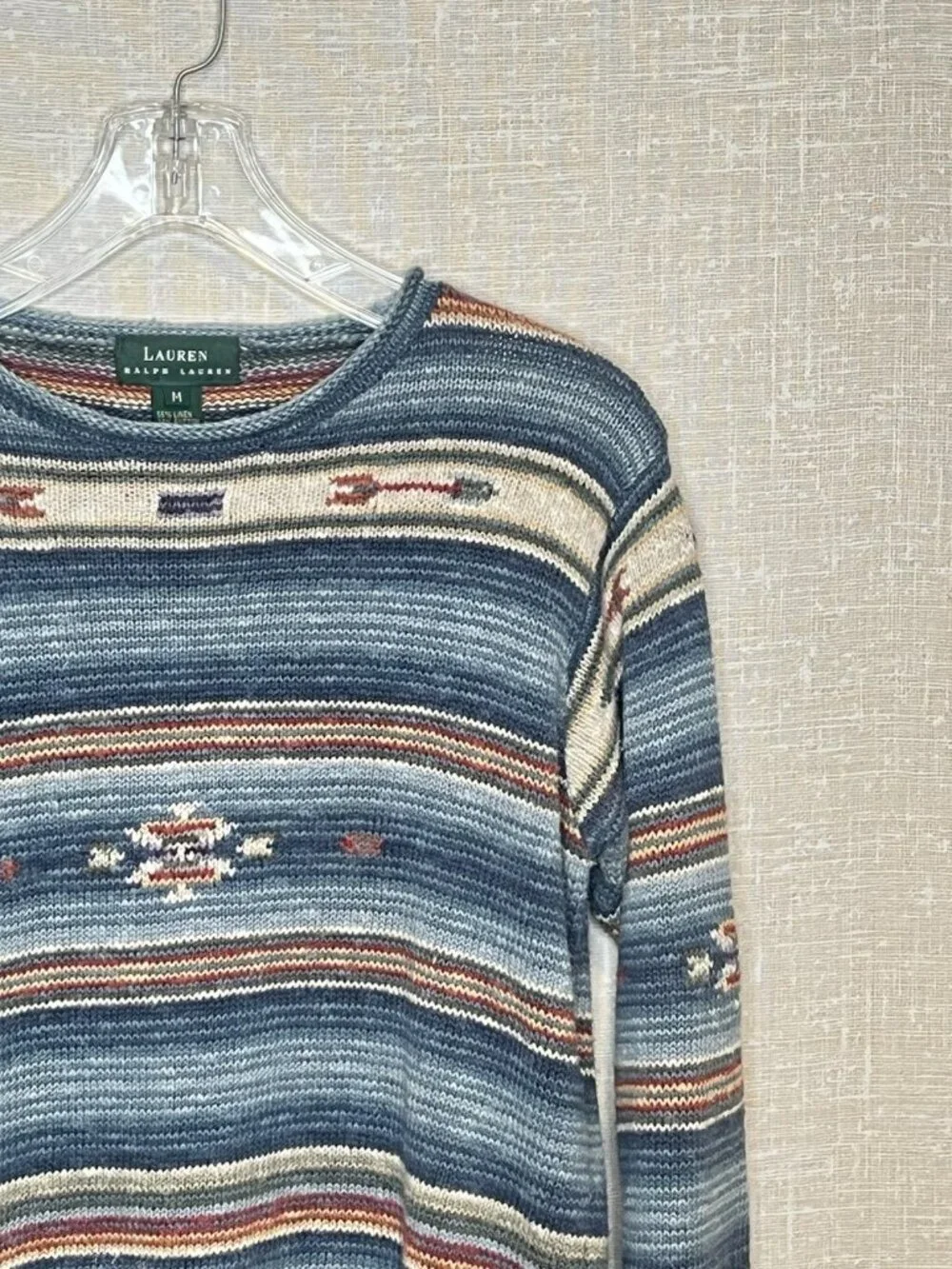 Lauren Ralph Lauren Southwestern Stripe Knit Roll Neck Sweater Linen Cotton Med